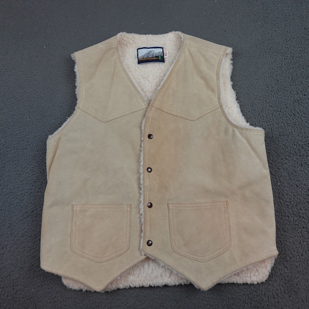 Vintage Fieldmaster Vest Mens Medium Beige Suede Sherpa Lined Snap USA 70s